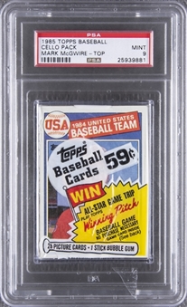 1985 Topps Baseball Unopened Cello Pack, Mark McGwire RC on Top - PSA MINT 9